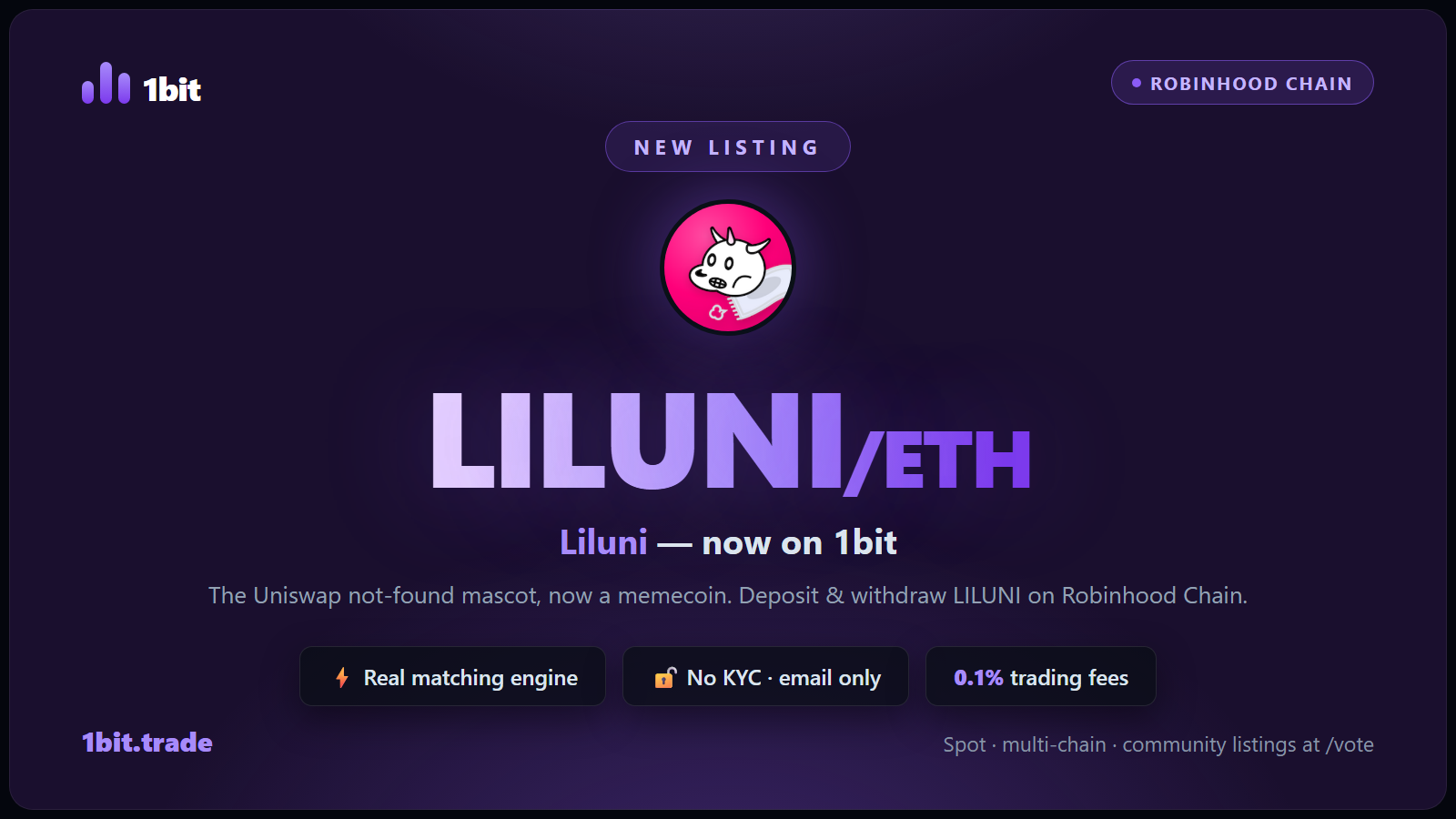 New listing: LILUNI/ETH — Liluni trades on 1bit